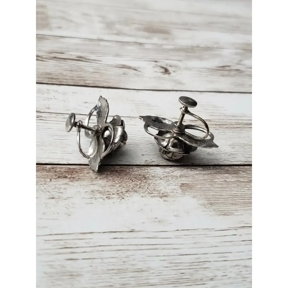 Vintage Screw On / Screw Back Earrings Fancy Rose & Leaves with Clear Gem